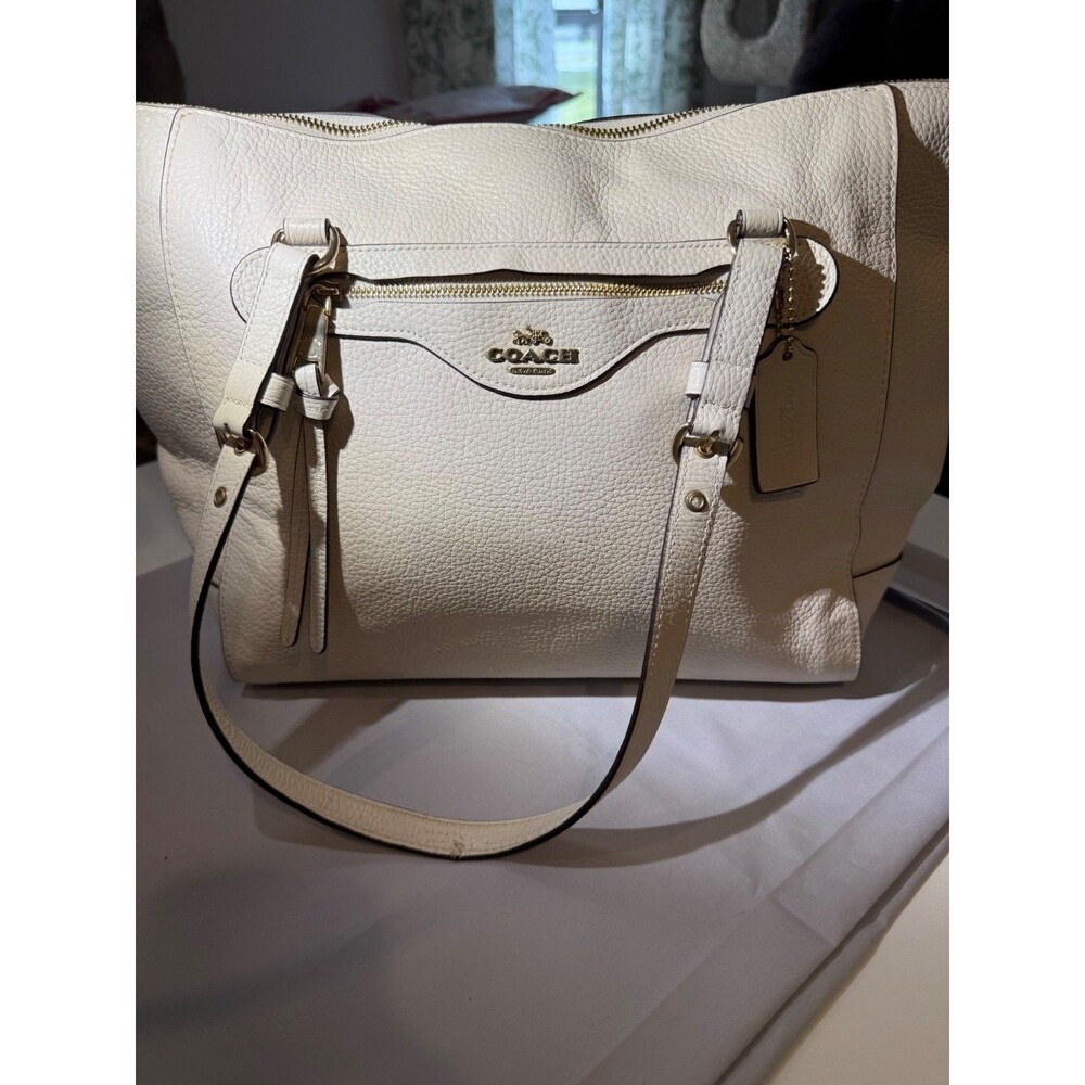 Coach Pebbled Leather Shoulder Bag With Gold Hardware & Zip Top Closure - Tan
